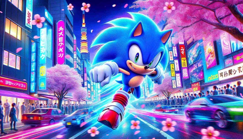 Create an image capturing the thrill of a high-speed adventure game, taking place in the vibrant and exciting city of Tokyo. Feature a fast, blue, anthropomorphic hedgehog as the main character, racing through the colorful, neon-lit streets of Tokyo filled with Cherry blossoms and skyscrapers. Styled in a realistic HD quality.