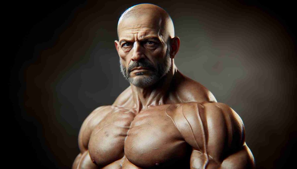 Realistic HD photo of a mid-aged Caucasian male with a muscular build and bald head, exhibiting a sense of family strength amidst struggles. The expression on his face conveys a sense of determination and resilience, yet also questions if he is really doing well emotionally.