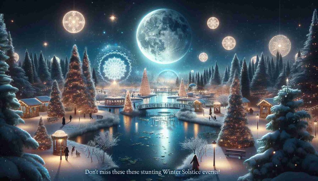 An encapsulating image demonstrating the stunning events of the winter solstice. Think of a ground covered in fresh white snow, with a frozen pond reflecting the glistening stars above. High definition, detailing an enchanting moon in the dark sky casting a soft light on the scenery. A gentle snowfall might be trickling down, while possibly decorated trees or structures nearby are adorned with twinkling electric lights, buzzing with a magical aura. The night might include people warmly dressed, observing the beauty of the are. The title caption 'Don't Miss These Stunning Winter Solstice Events! Experience the Magic!' floats nearby in an elegant script.