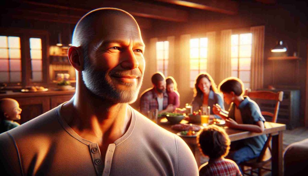 Generate a realistic, high-definition image showcasing heartwarming family moments. It depicts a man resembling a well-known action movie star with a bald head and athletic build, glowing with paternal warmth. The scene is filled with love and laughter as the family members share a meal, play games, or perhaps enjoy a beautiful sunset together in their cozy living room. The man's strong features contrast beatifically with the soft ambient lighting of the room, creating a wholesome and heart-touching atmosphere.