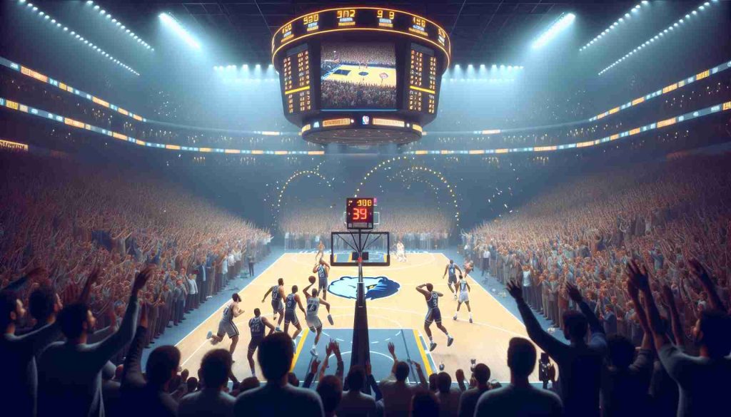 A high-resolution, lifelike digital image capturing a historic moment in basketball history. The scene celebrates a spectacular victory of the Grizzlies, a fierce basketball team. The atmosphere is electric in the crowded stadium as the players on the court display their record-breaking performance. The score board reflects an unprecedented number, showcasing the Grizzlies' domination.