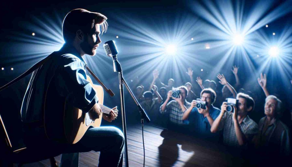 A realistic HD image of the electrifying journey of a famous male folk singer, capturing his intense performances on stage, emotional songwriting sessions, and meaningful interactions with fans. This image could be seen as a representation of a must-watch film about the singer's life and career. Note that this image does not represent a specific individual, but rather embodies the essence of a passionate and influential musician.