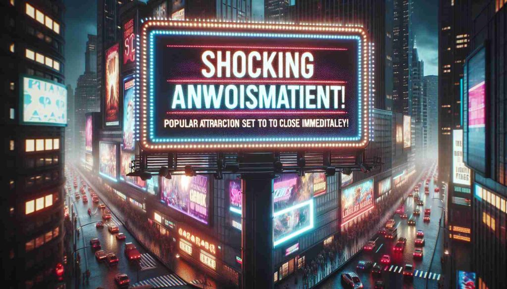 Realistically detailed high-definition image of a dramatic billboard or sign in a bustling city. The billboard has a headline that reads, 'Shocking Announcement! Popular Attraction Set to Close Immediately!'. Features dazzling lights and vivid colors in a bustling urban setting, creating a sense of anticipation and urgency amongst the city dwellers.