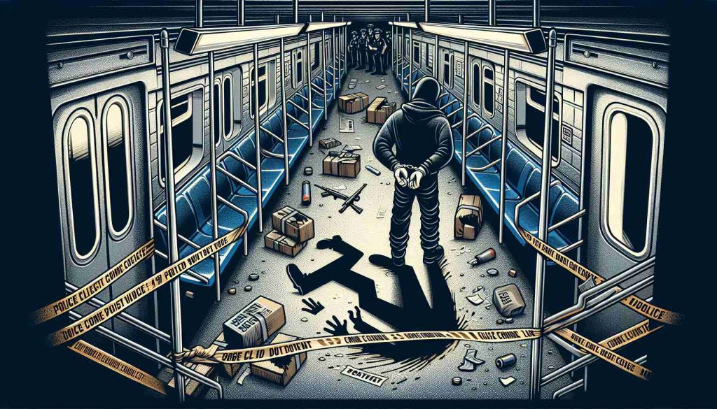 Detailed depiction of a significant event happening in a subway environment, thrown into chaos due to an unsightly occurrence. The area is marked by police tapes, indicating a crime scene. An ambiguous figure being handcuffed indicates the arrest of a suspect. The atmosphere emanates a sense of tragedy, hinting at the unfortunate end of an unidentified individual's life.