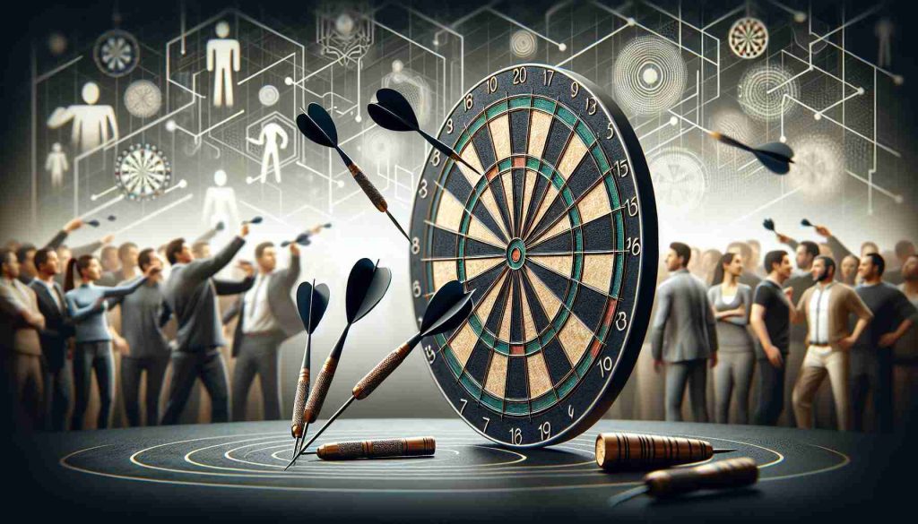 Create a detailed and realistic high-definition image of a dart board. The board is of a professional grade, with a pattern of alternating dark and light sectors. A set of darts are arranged next to it, their metallic tips gleaming under the light. On the background, there is a buzz of excitement with people of mixed gender and varied descents. Some are engrossed in their dart games while others are engaged in animated discussions emphasizing the popularity and cool factor of the sport.