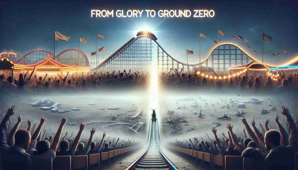 Create a high-definition realistic image that metaphorically represents the phrase 'From Glory to Ground Zero'. The scene should depict a rollercoaster in the center, starting from a point of splendor - which consists of bright lights, high flags, people cheering, and the rollercoaster reaching its peak. Then the scene should proceed to 'Ground Zero' where the rollercoaster takes a drastic fall towards a gloomy, barren landscape - symbolizing the descent from glory. Include the feeling of motion to show the journey between these two extremes.