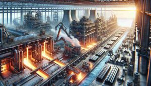 Realistic HD image of an essential steelmaking industry in the future. The scene shows the dynamic processes of steel production inside an advanced factory. The balance of industry is tangible, symbolizing the uncertain future. There are steel beams being smelted and formed, molten steel being poured, and robotic arms handling operations efficiently. The location is a coastal industrial town, evident from structures like the cooling towers near a sea, characteristically representing Teesside, but without any specific mention to place or individual.