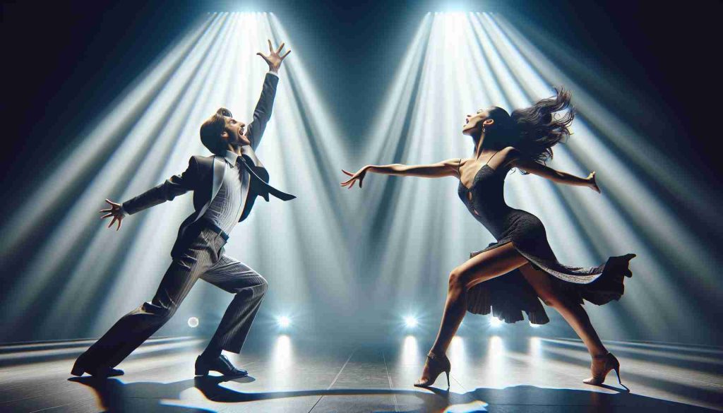 A high-definition, realistic image of two professional dancers - one Caucasian woman and one White man - showing extreme excitement and enthusiasm on a lit-up dance floor. They're both dressed in elegant dance outfits, sharing a dramatic pose that is suggestive of an imminent, intense dance routine. The man is mid-spin, his hand outstretched to his partner, while the woman, with a twirl in her dress, reaches out to meet his hand. Spotlight on them, foreshadowing what their next electrifying performance could hold on stage.