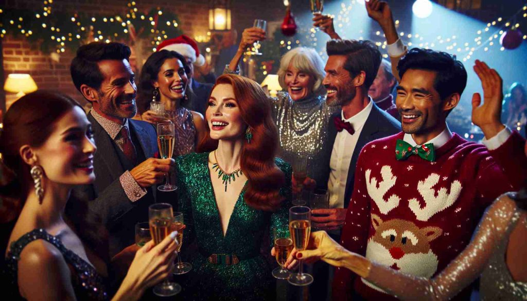 A lively, festive scene showing actors, not from any specific show, celebrating during a holiday gathering. They're stylishly dressed and the air is full of cheer. Key individuals are a Caucasian woman with brilliant auburn hair dressed in a glittering emerald dress, a Hispanic man sporting a Santa Claus-themed tie, a South Asian woman wearing a radiant silver dress, and an East Asian man with a knitted reindeer jumper. Fill the scene with laughter, raised glasses, seasonal decorations, twinkle lights, and the glow of camaraderie in high definition.