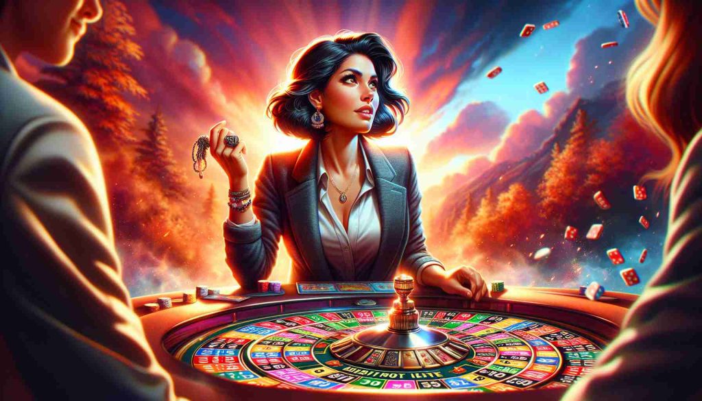 Craft a realistic high-definition image depicting an exciting scene of anticipation. Visualize a daring game of chance setting with an active game board rich in vibrant colors. Picture an eager contestant, a Hispanic woman in her early thirties, dressed comfortably and ready for the challenge. She is determined, clutching a lucky charm in her hand. The overall atmosphere should evoke a sense of thrill and enthusiasm. Please make sure not to include any recognizable logos or proprietary game elements.