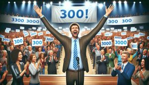 High-definition, realistic imagery showing an emotional celebration of a professional TV show host achieving their 300th episode milestone. The TV host is on the stage, filled with joy and excitement, and the audience giving a standing ovation. There are banners in the background indicating the number '300'. Please note that the TV host is a middle-aged Caucasian man with a jovial personality.