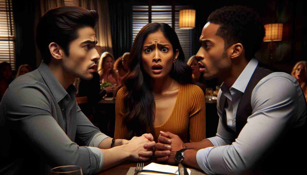 Generate a highly detailed, realistic image that depicts a dramatic love triangle situation. The setting could be an intimate restaurant where three individuals - a South Asian woman, a Hispanic man and a Black woman - are all embroiled in a tense conversation, faces expressing a mix of shock, confusion and dismay. This should capture the emotional intensity of a love triangle being revealed. Please ensure the image is in High Definition.