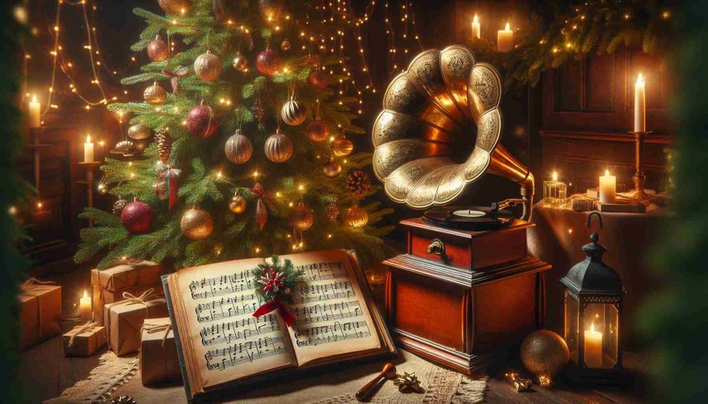 Full HD image of a festive holiday scene with a focus on classical music. Imagine a vintage gramophone in the corner, playing an unseen vinyl with classical holiday tunes. The room is cozily decorated with a beautiful pine Christmas tree adorned with twinkling fairy lights and classic ornaments, its base filled with wrapped gifts. On a wooden table nearby, there is an open book displaying musical notes of a classical Christmas carol. This scene captures the spirit of the holiday season and the charm of classical music.