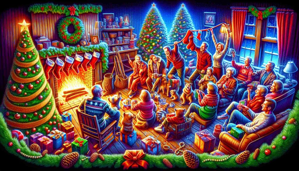 A vivid and detailed scene that depicts a celebration of the legacy of a well-loved holiday-themed movie. This image should capture the essence of a family getting together for a Christmas vacation, full of warmth, merriment, and a sense of nostalgia. The focus is on the cherished memories and hilarious moments from such trips, which include hanging stockings over a fireplace blazing with a cosy fire, decorating a Christmas tree with glittering ornaments, engrossed in jovial conversations while wrapping presents. This reminisces the tradition of watching holiday films as a part of the festive season's rituals.