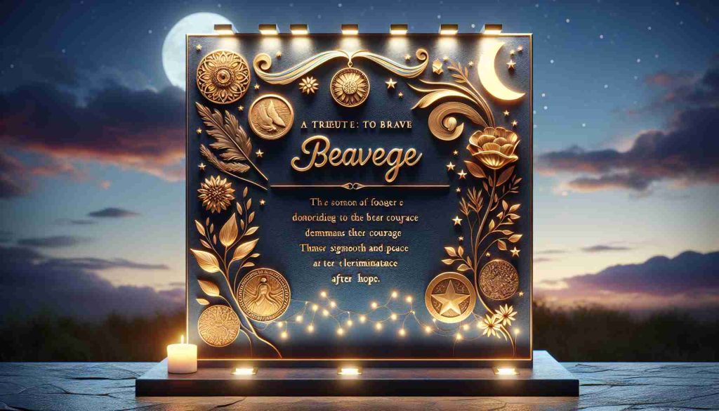 An inspiring realistic high definition image of a tribute to a brave teenager showcasing various symbols of bravery, determination, and resilience. The tribute could feature a spotlighted plaque with a heartfelt inscription in beautiful cascading fonts honoring the teenager's courage. This is placed against a backdrop of a serene evening sky signifying peace after struggle. Also, include elements like medallions signifying courage and a glowing candle symbolizing hope.