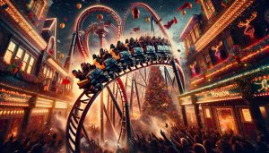 High-definition, realistic image of a rollercoaster at a popular theme park resembling a festive, holiday setting. The ride, which is thrilling and suspenseful, is captured during a dramatic moment, resembling a temper flaring. The scene is set amidst the celebration of a holiday akin to Christmas, with lights, decorations and vibrant colors. Note: No copyrighted symbols or elements are to be included.