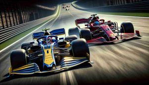 A high definition, realistic image of a hypothetical, high-stakes Formula 1 race. Two drivers are competing fiercely against each other, their cars racing side by side on the straight of a grand circuit. One driver is in a blue and yellow car with the number 1 emblazoned on the side, and the other driver is controlling a car coloured deep red with the number 2. Their helmets can be seen through the clear windshields, showcasing a balance of concentration and determination.