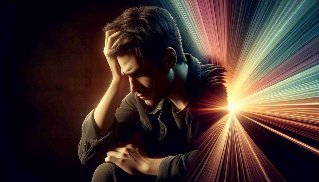 Realistic high-definition image themed around a journey of self-discovery. It begins with feelings of frustration, portrayed by a man in his twenties with brown hair and average build, looking distraught. His face is in his hands, and he seems deep in thought. There's a dark and shadowy background to signify his distress. Gradually, the image transitions to signal hope - brighter colors start emerging from the corner, reaching towards the man. The initially dark background turns into a sunrise, signifying a new beginning and fresh hope.