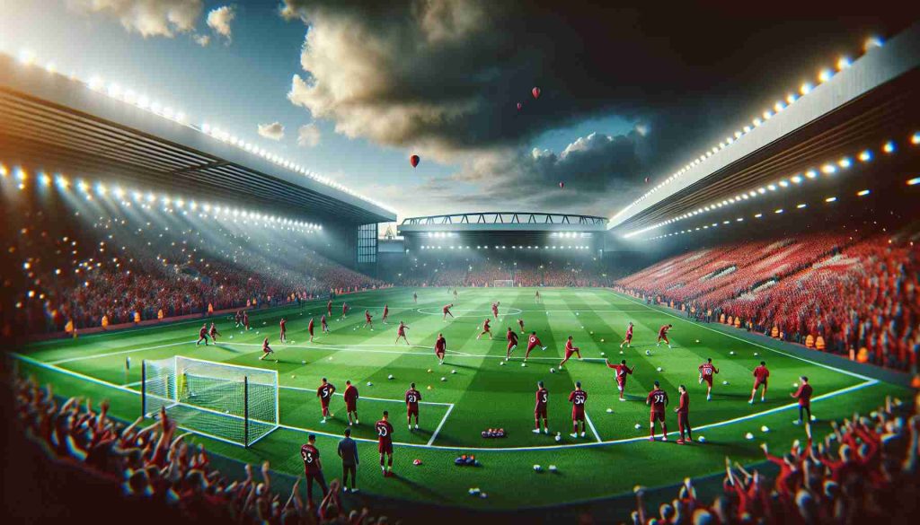 High-definition, realistic picture of Liverpool's passionate football team gearing up for an intense game against Fulham with high spirits and determination, signifying their recovery from injury setbacks. Display the vibrant atmosphere of the stadium with enthusiastic fans cheering, floodlights illuminating the pitch, and Liverpool players warming up on the pitch, ready for victory.