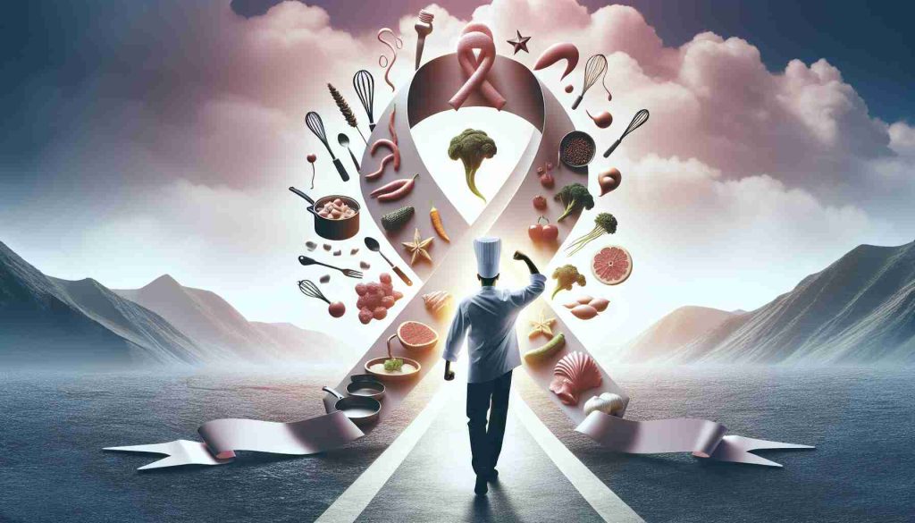 High definition, realistic image portraying an inspirational journey of a resilient chef who has overcome the battle against cancer. The image can depict symbolic elements representing victory, challenge, passion for culinary arts, and resilience. Do not represent specific real persons in the image.