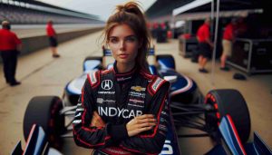 Generate a high-definition, realistic scenario at an IndyCar race. It features a young, determined female racing driver of British descent, wearing her racing gear, standing beside an IndyCar race vehicle, with a look of resolve and ambition on her face.