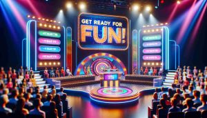 Realistic HD photo of a vibrant, animated game show set labeled 'Get Ready for Fun!' A lively environment filled with colorful, flashing lights, large LED screens displaying trivia questions, and an energetic stage with podiums sets the scene. No specific individuals are to be shown, focusing on the ambiance and elements that make game shows exciting and impossible to miss. A diverse audience is visible in the background, engrossed in the thrilling atmosphere of the show.