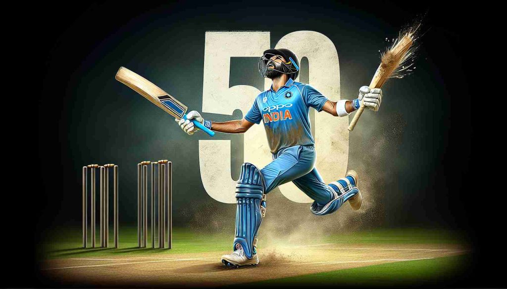 A realistic high definition illustration showcasing an unnamed cricket player celebrating a historical fifty runs in a match after a long period of low performance.