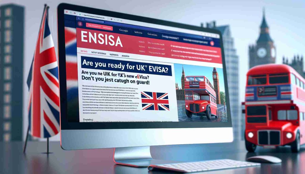 A realistic, high-definition image of a computer screen showcasing a news article with the title 'Are You Ready for the UK’s New eVisa? Don’t Get Caught Off Guard!' with subheadings providing additional information about it. The background of the webpage contains iconic UK symbols like the Union Jack, Big Ben, and a red double-decker bus.