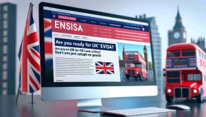 A realistic, high-definition image of a computer screen showcasing a news article with the title 'Are You Ready for the UK’s New eVisa? Don’t Get Caught Off Guard!' with subheadings providing additional information about it. The background of the webpage contains iconic UK symbols like the Union Jack, Big Ben, and a red double-decker bus.