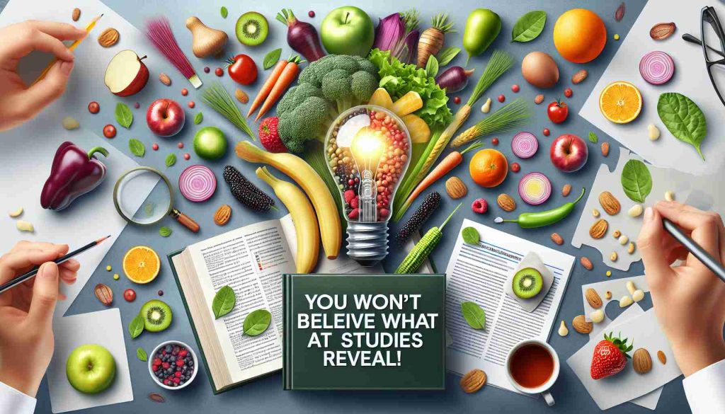 Create a high-definition, realistic image that represents the concept of new insights on the importance of nutrition. Include visuals like a fresh, colourful platter of various fruits and vegetables, books or reports on dietary studies, and a lightbulb to symbolize idea and revelation. Also include a large, eye-catching headline text that reads 'You Won’t Believe What Studies Reveal!'