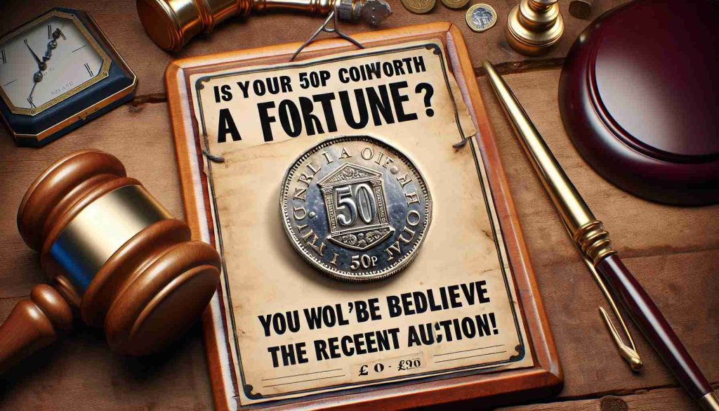 Generate a high-definition, realistic image of a 50p coin with the text 'Is Your 50p Coin Worth a Fortune? You Won’t Believe the Recent Auction!' adjacent to it. The coin should seem old and valuable, surrounded by auction ephemera like a gavel, auction number placard, and antique ornaments in the background.