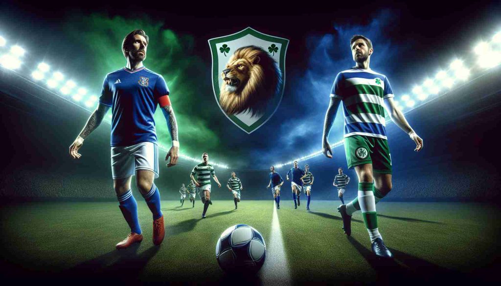 Generate a realistic HD image representing an intense soccer match between two clubs. One team has a highly prestigious reputation and has maintained a perfect record, their jersey is royal blue, and their emblem features a majestic lion. The other team is the underdogs, clad in green and white stripes, with a four-leaf clover as their emblem. The anticipation in the air is palpable as both teams clash on the green turf under the bright stadium lights.