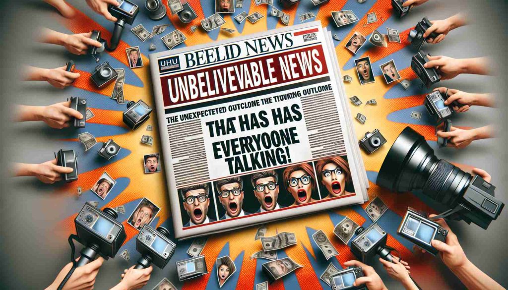 Generate a realistic HD image suggesting sensationalized news. Displaying a newspaper front page with the headline, 'Unbelievable News: The Unexpected Outcome That Has Everyone Talking!', surrounded by other sensationalist elements such as astonished faces, exclamatory marks, and heightened flashes from paparazzi cameras.