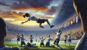 High-definition realism style painting depicting a sports happening with an Asian female soccer player celebrating the winning goal on the pitch. She's in the middle of backflipping, surrounded by her ecstatic teammates of various descents like Black, Caucasian, and Hispanic. The background features an expansive stadium, brimming with a diverse dream-realizing crowd, joyous and elated. Their banners are strewn with cheers for their beloved team and the setting sun ingeniously illuminates the entire spectacle.