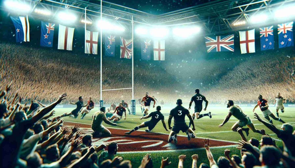 Generate a high definition, realistic image of a thrilling rugby match scene where the New Zealand team apparently has a record-breaking lead over the England team. The scene is packed with intensity, the crowd is in awe, banners are waving, and the atmosphere is electric with the excitement of the game.