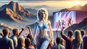 A realistic HD image of an iconic pop artist, distinguished for her blonde hair and dance skills, characterizes a scene of her stunning fans with her dance videos. Her physique mimics that of a world renowned female pop star. Meanwhile, this image also depicts an atmosphere of growing concern for her well-being, possibly indicated by subtle visual cues in the landscape or surrounding environment.