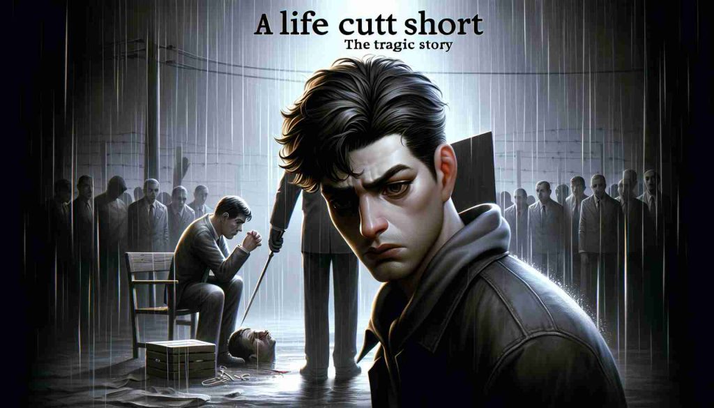 Realistic high-definition representation of a somber story titled 'A Life Cut Short: The Tragic Story', featuring a character battling adversities and hardships with a background suggesting struggle and despair.