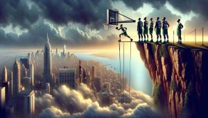 Realistic high definition illustration of a metaphorical scene representing the challenges faced by a basketball team, named, the Celtics, depicted without their star players. The image also represents a high stakes scenario, perhaps through visual metaphors such as a tall precipice, a tightrope, or a ticking clock. Rendered in a photographic-realistic style.