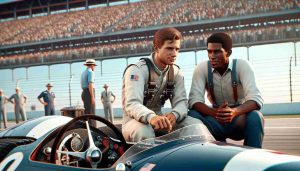 A high definition, realistic image showcasing a significant historical racing event. Two male racers, one Caucasian and the other Black, who share a strong sibling bond are at the forefront. They are seen on a race track, gearing up their respective race cars, an exciting moment radiating with competitive energy and family spirit. Fill the backdrop with a captivated audience, waiting in anticipation. The setting is a sunny day, the track bustling with activity, reminiscent of an iconic era in racing history.