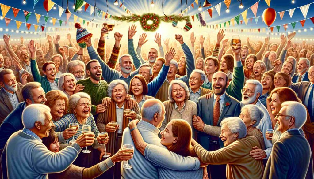 High definition, realistic illustration of a heartwarming reunion event. The scene should depict a group of people gathered after being apart for 30 years. Individual representations in the group should include a broad range of ethnicities including Caucasian, Hispanic, Middle-Eastern, and South-Asian. Emotions of joy, nostalgia, and deep affection should be evident on each face. Also, include elements of a rejoicing atmosphere, such as a festive decoration, lots of bright colours, freely flowing tears of joy, warm hugs, and raised glasses in a toast.