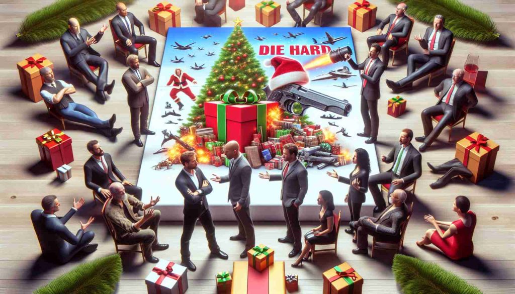 A realistic HD photo representing the concept of 'Die Hard' being considered as the ultimate Christmas movie. The image could illustrate a heated discussion or debate among different figures, with one group advocating for the movie's Christmas merits, whilst another expressing surprise at this perspective. It can also include various elements associated with both Christmas and action movies, such as a Christmas tree, presents, and action movie symbols - all to convey the surprising truth about the movie's holiday status.