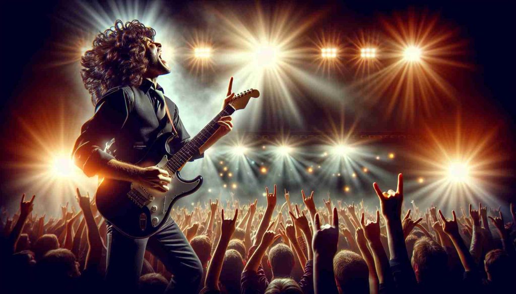 A realistic, high-definition image showcasing a celebration of live music magic, focusing on the era of classic rock. Picture features an ecstatic crowd, dramatic stage lighting and a left-handed, black-clad guitarist with curly brown hair, embodying the magic of bygone concerts.