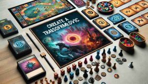 Create a realistic HD photo of a thrilling board game with an evocative title. The set includes vividly-colored playing pieces, immersive game board with varied elements and distinctive card decks signifying a transformative, debut strategy game.