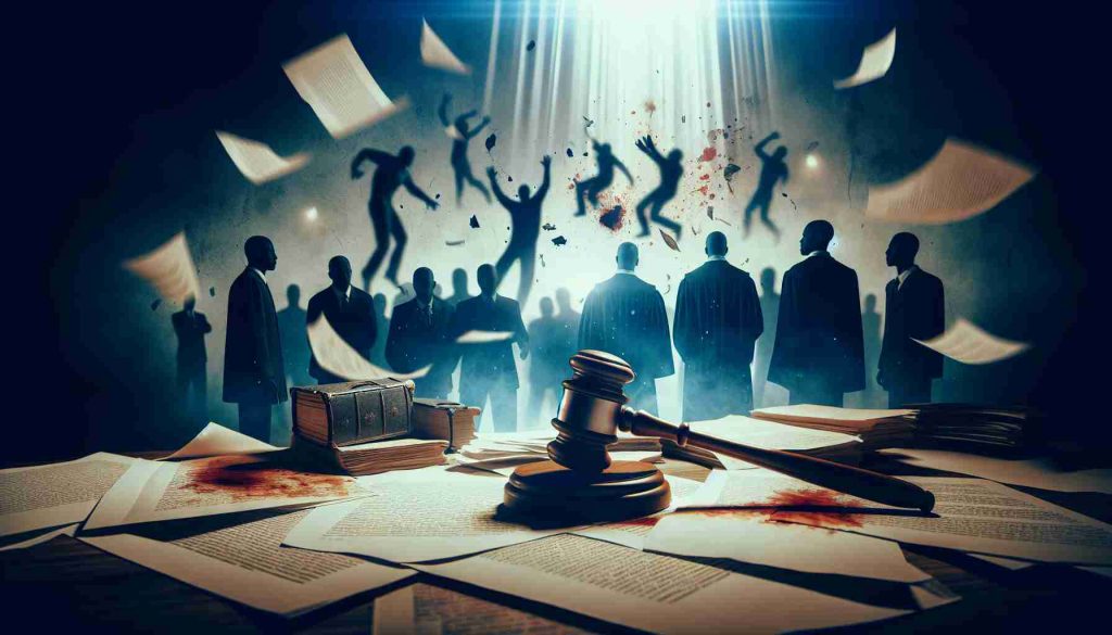 Generate a real-life, high-definition scene depicting a dramatic court case. The image should focus on a tense moment where shocking revelations are being disclosed, implying a life filled with violence. There are paper documents scattered around signifying evident proofs. A gavel is positioned prominently at the forefront symbolizing justice, while in the background vaguely discernible figures suggest the presence of the judge, lawyers, and the person being accused.