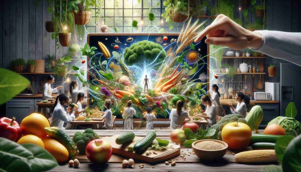 Create a realistic high-definition image that showcases the essence of the power of nature being unleashed. This scene could include a variety of plants, fruits, vegetables, and perhaps even grains that perfectly symbolize plant-based diets. The image might also include people of various descents enjoying these plant-based foods, or perhaps preparing them in a kitchen space decorated with elements of nature, demonstrating healthy living and the unexpected benefits of such diets.