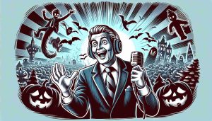 Detailed high-definition picture illustrating the concept of embarking on a thrilling, eerie adventure. With the atmosphere infused with Halloween themes, imagine an unidentified radio host with the enthusiasm and charisma similar to well-known figures in the field. His gestures exude excitement and anticipation, setting the stage for an unique, unforgettable journey.