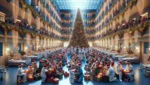 High-definition, photorealistic image of a heartwarming Christmas scene at a renowned children's hospital. The hospital ward is festooned with festive decorations, and twinkling lights are draped over every visible surface. In the large communal area, a huge, lavishly decorated Christmas tree towers majestically. Hospital staff of multiple descents and genders, donned in colourful Christmas hats, are distributing presents to the diverse group of children. Each child's face glows with joy and surprise as they unwrap their gifts. Despite the challenging environment, the atmosphere is overflowing with joy, hope, and the holiday spirit.