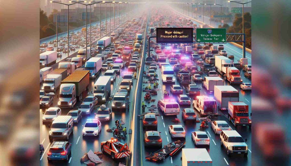 A realistic high-definition image of a significant traffic jam caused by an accident. Multiple lanes of stalled vehicles extend far into the distance, with a smattering of diverse vehicles including trucks, sedans, and motorcycles. A variety of people of all genders and descents, are inside the vehicles displaying varying expressions of frustration, impatience, confusion, and worry. Flashing emergency lights in the distance signal the location of the crash, with tow trucks and police cars visible. Large LED billboards on the side of the highway flash 'Major Delays! Proceed with Caution!'