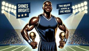 Create an image of a tall, muscular athlete with deep brown skin. He's wearing a navy-blue and silver sports uniform and a proud smile on his face. In his hand, he holds two shiny gold trophies. The background is a field with large spotlights shining on him, making him stand out. Text in bold letters at the bottom says 'Shines Bright! Two Major Honors in One Week!'