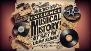 High definition, realistic image of a promotion for an immersive musical history experience! The image depicts anticipation for exclusive screenings. Elements could include vintage concert tickets, a vinyl record, musical notes, along with old-fashioned film reel to epitomize classic cinema. The text 'Experience Musical History Like Never Before! Get Ready for Exclusive Screenings!' is prominently displayed, evoking a sense of thrill and excitement.